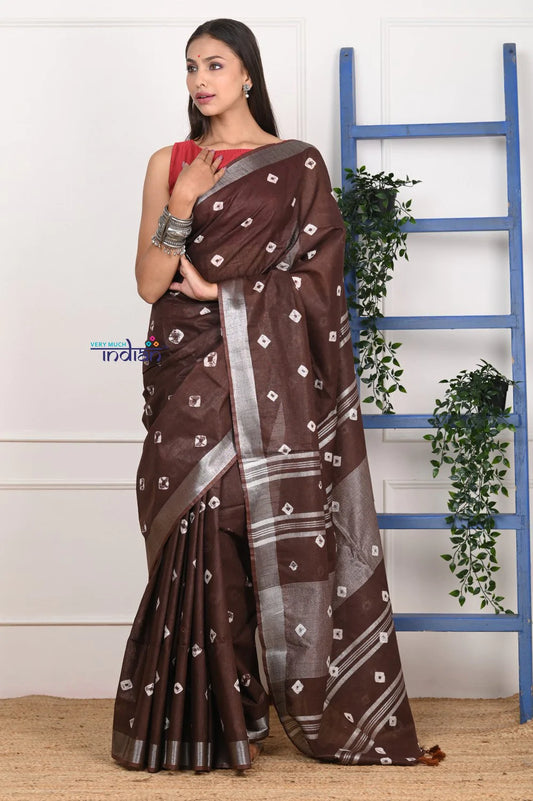 EXCLUSIVE! Handmade Tie and Dye Cotton Dark Brown Saree By Women Weavers