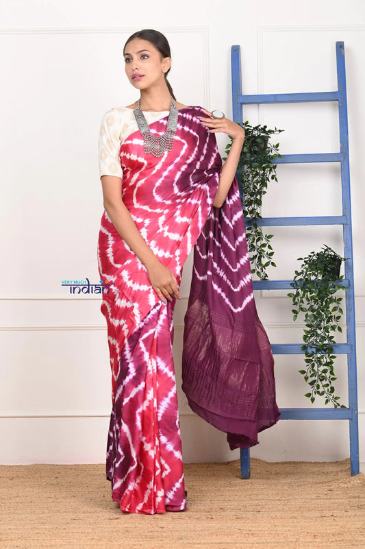 Authentic! Handmade Tie and Dye Modal Silk Pink- Purple Saree By Women Weavers