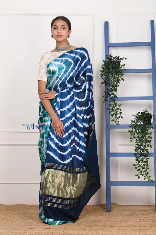 Authentic! Handmade Tie and Dye Modal Silk Ocean Blue Lehriya Saree By Women Weavers