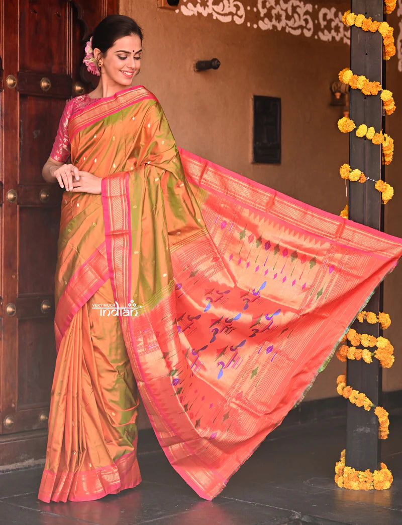 Mayur ~ Authentic Traditional Handloom Yeola Pure Silk Paithani - Dual Tone Green Pink with Pink Border and Traditional Double Pallu