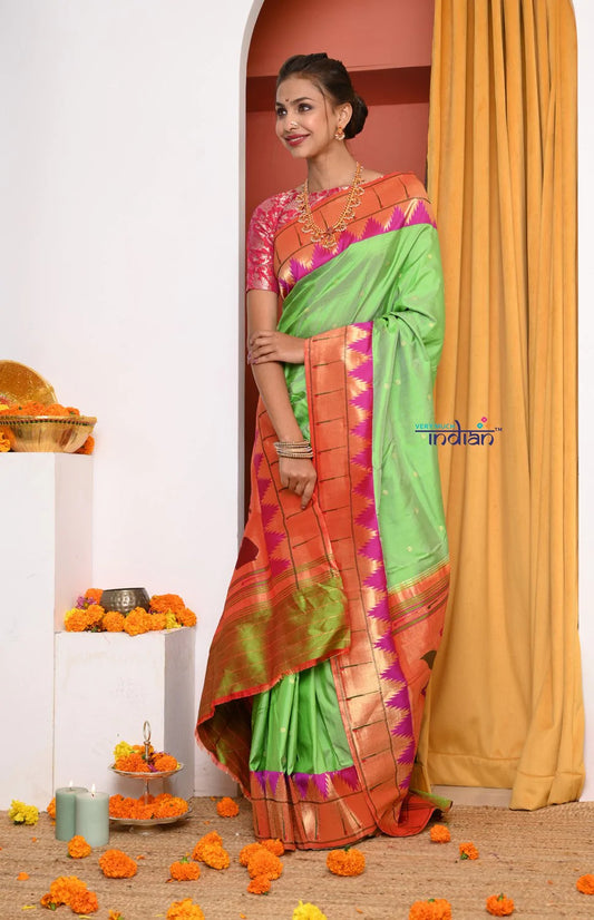 HERITAGE WEAVE ! Premium Handloom Pista Green Muniya Border Paithani  With Grand Peacock Pallu