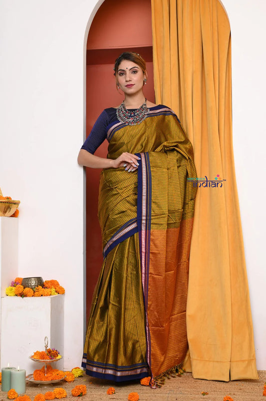 Traditional Khun Cotton Silk Authentic Handwoven Saree, Teal Yellow With Blue Border