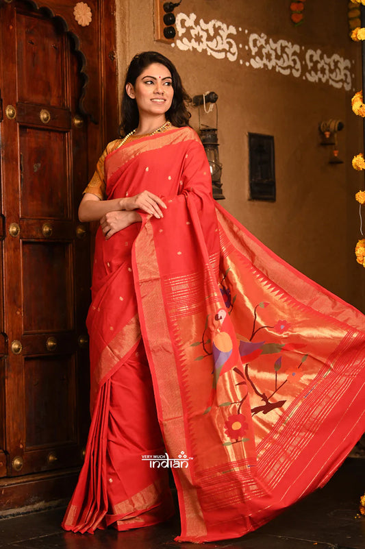Dhun ~ Authentic Handloom Cotton Paithani - Maroon Red and Golden with 3 Parrots Pallu