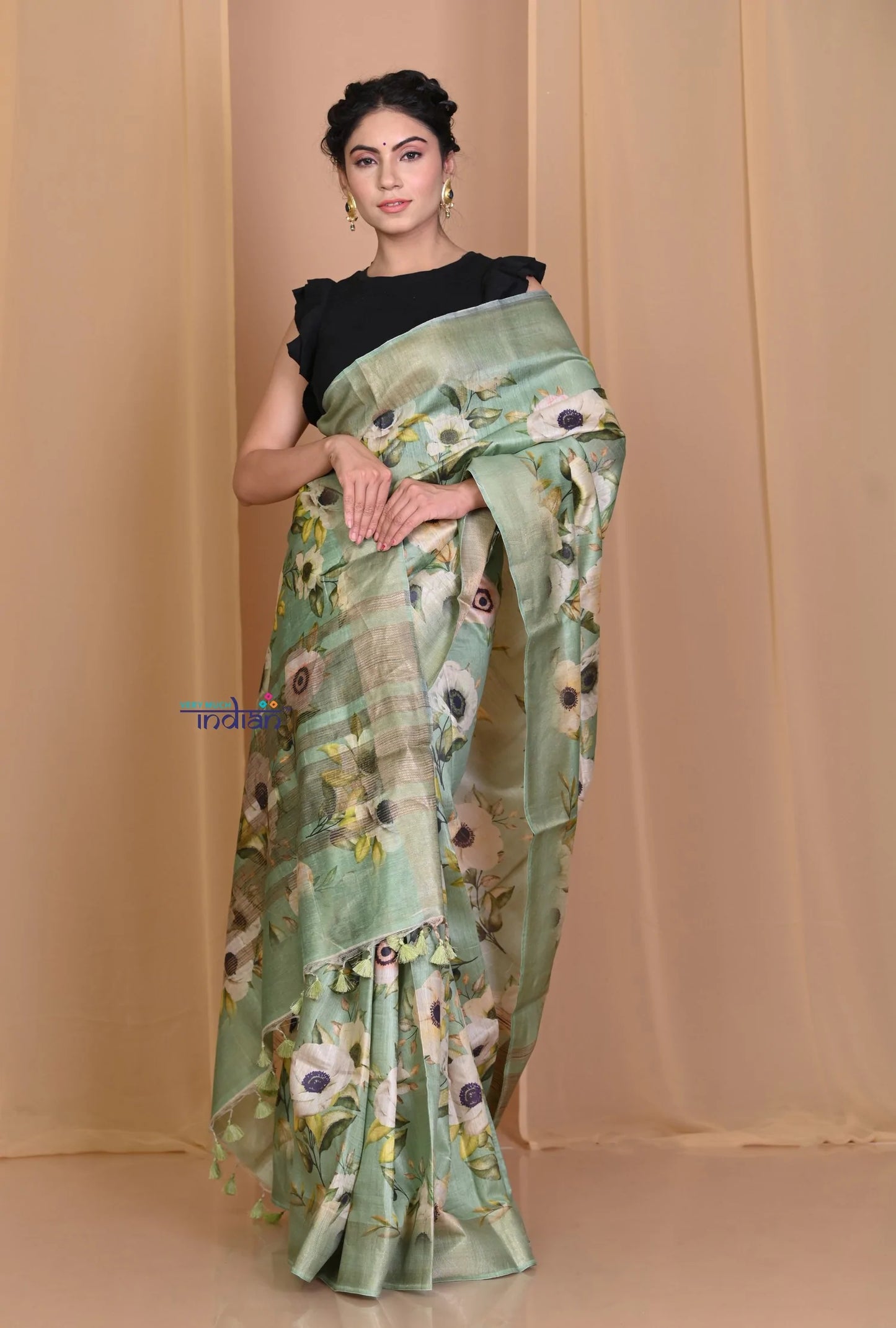 Pehal~ Authentic Sea Green Tussar Moonga Saree with Floral Print.