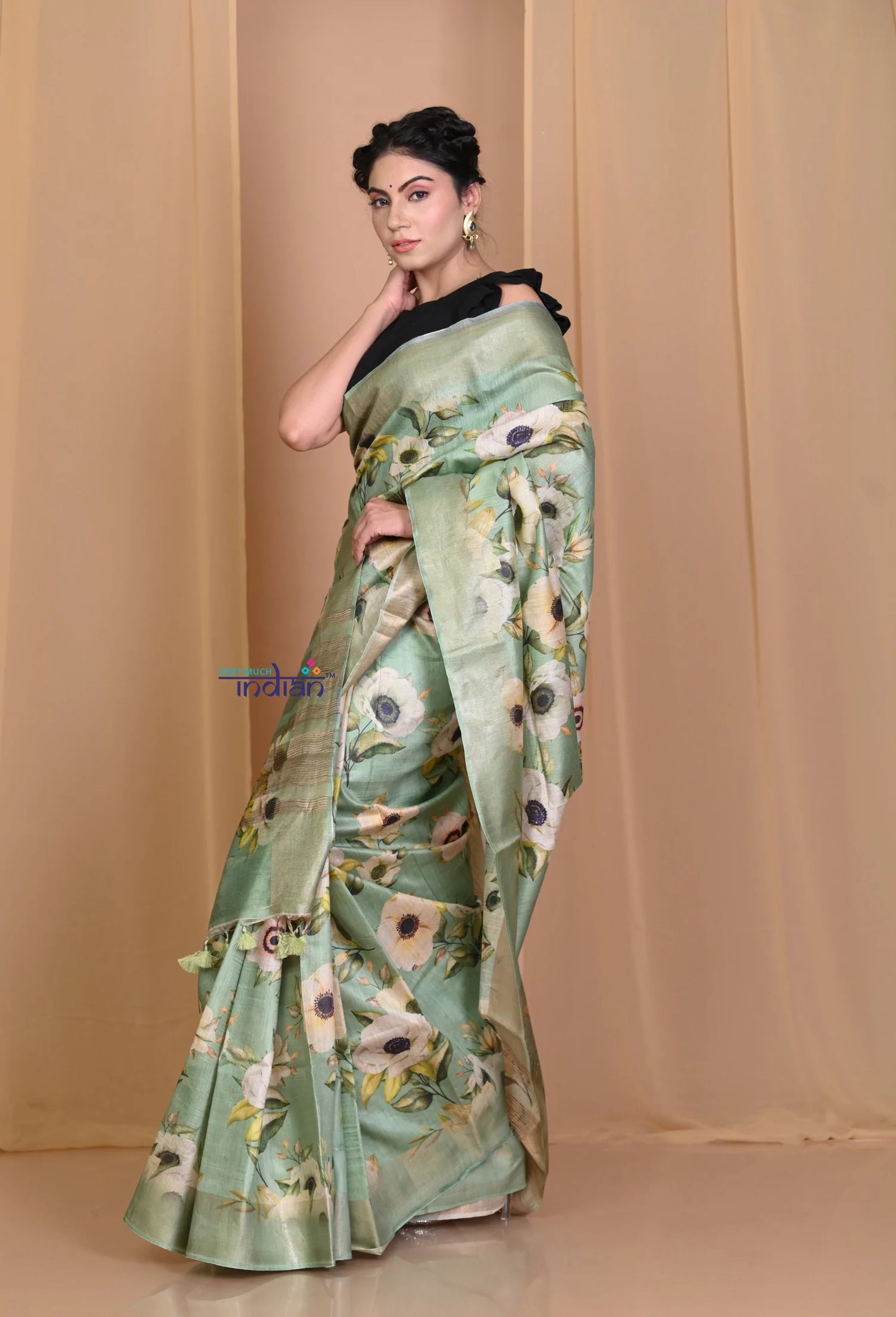 Pehal~ Authentic Sea Green Tussar Moonga Saree with Floral Print.