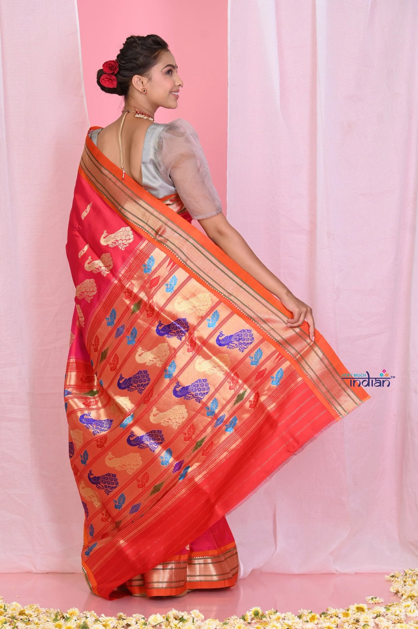Pehal~Traditional Peach Pink Pure Silk Paithani with Orange Border & Traditional 30 Peacock Pallu