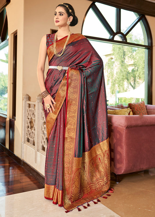 Rose Red Woven Two Tone Soft Silk Saree