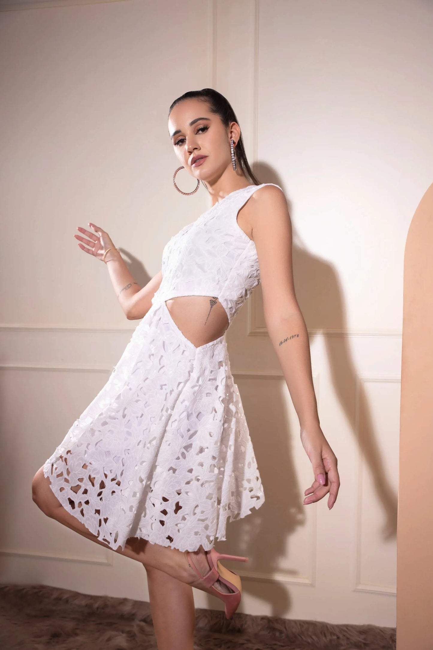 White embroidered cutwork mini flare dress