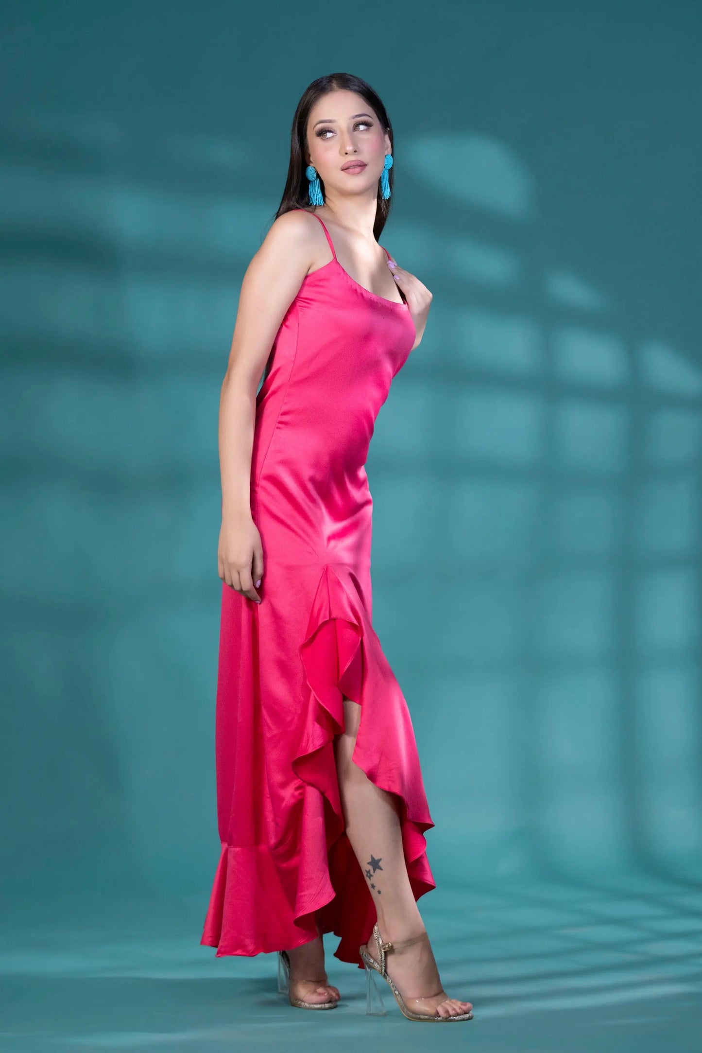 Embrace the Vibrant Charm of a Solid Color Fitted Ruffle Long Dress