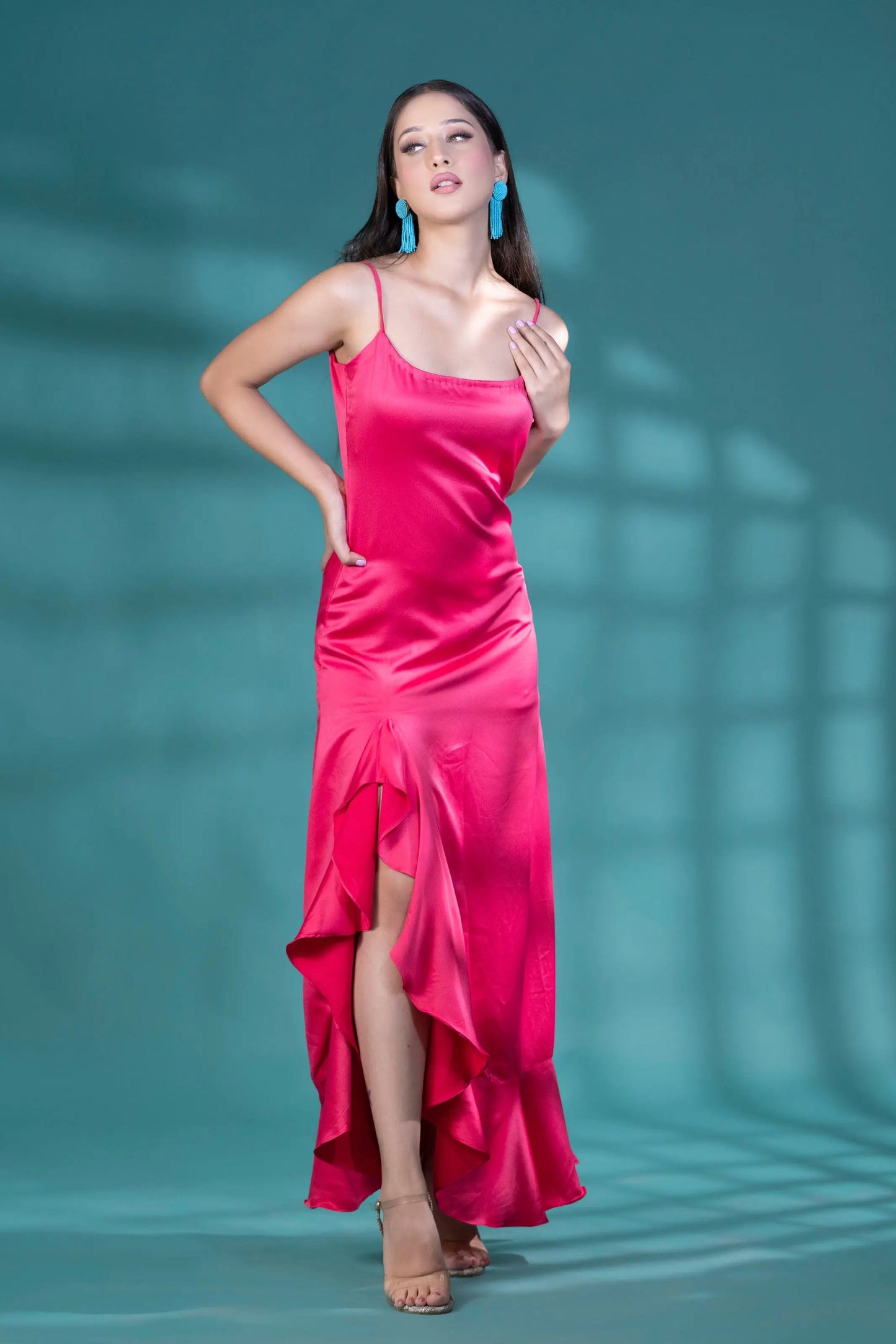 Embrace the Vibrant Charm of a Solid Color Fitted Ruffle Long Dress