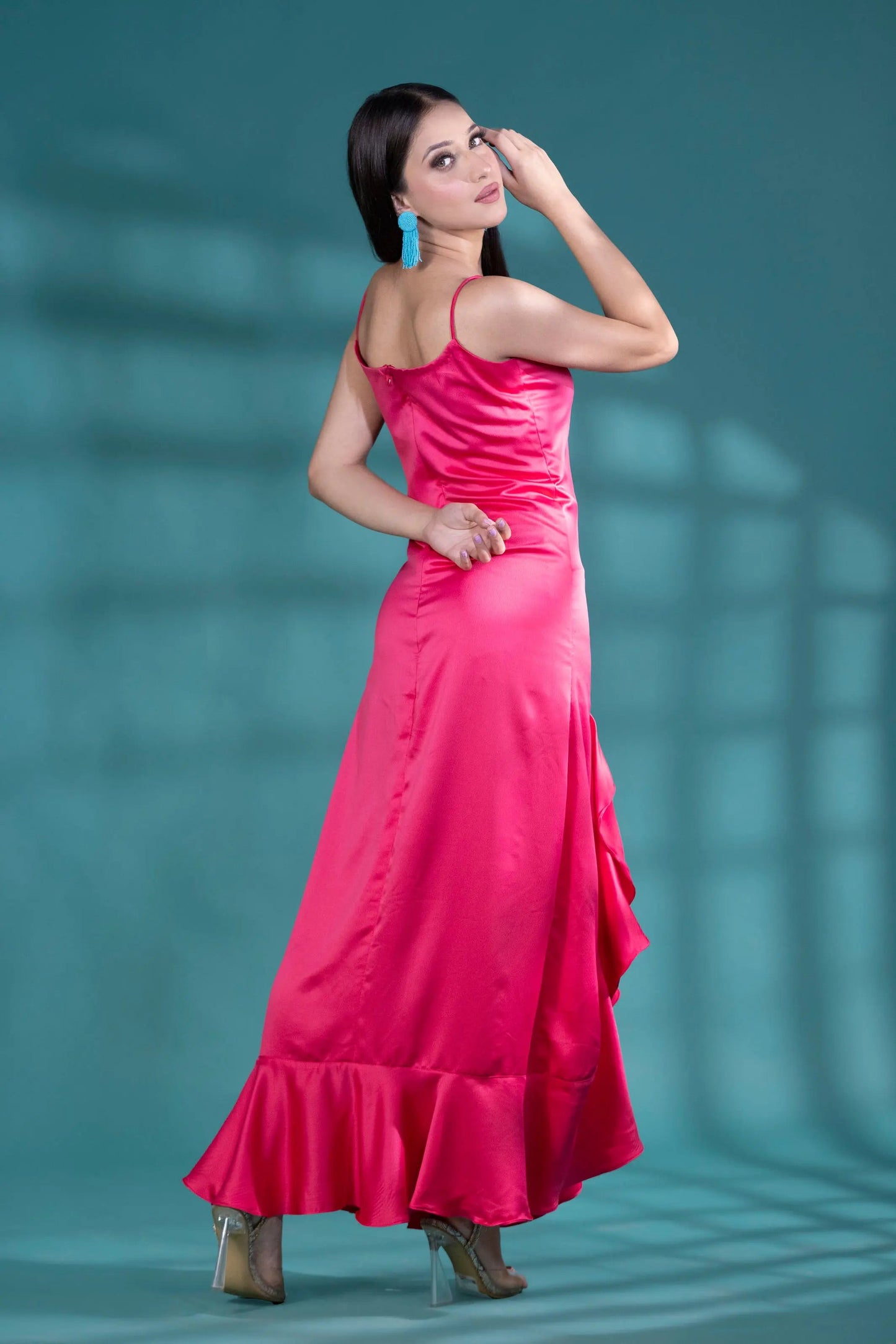 Embrace the Vibrant Charm of a Solid Color Fitted Ruffle Long Dress