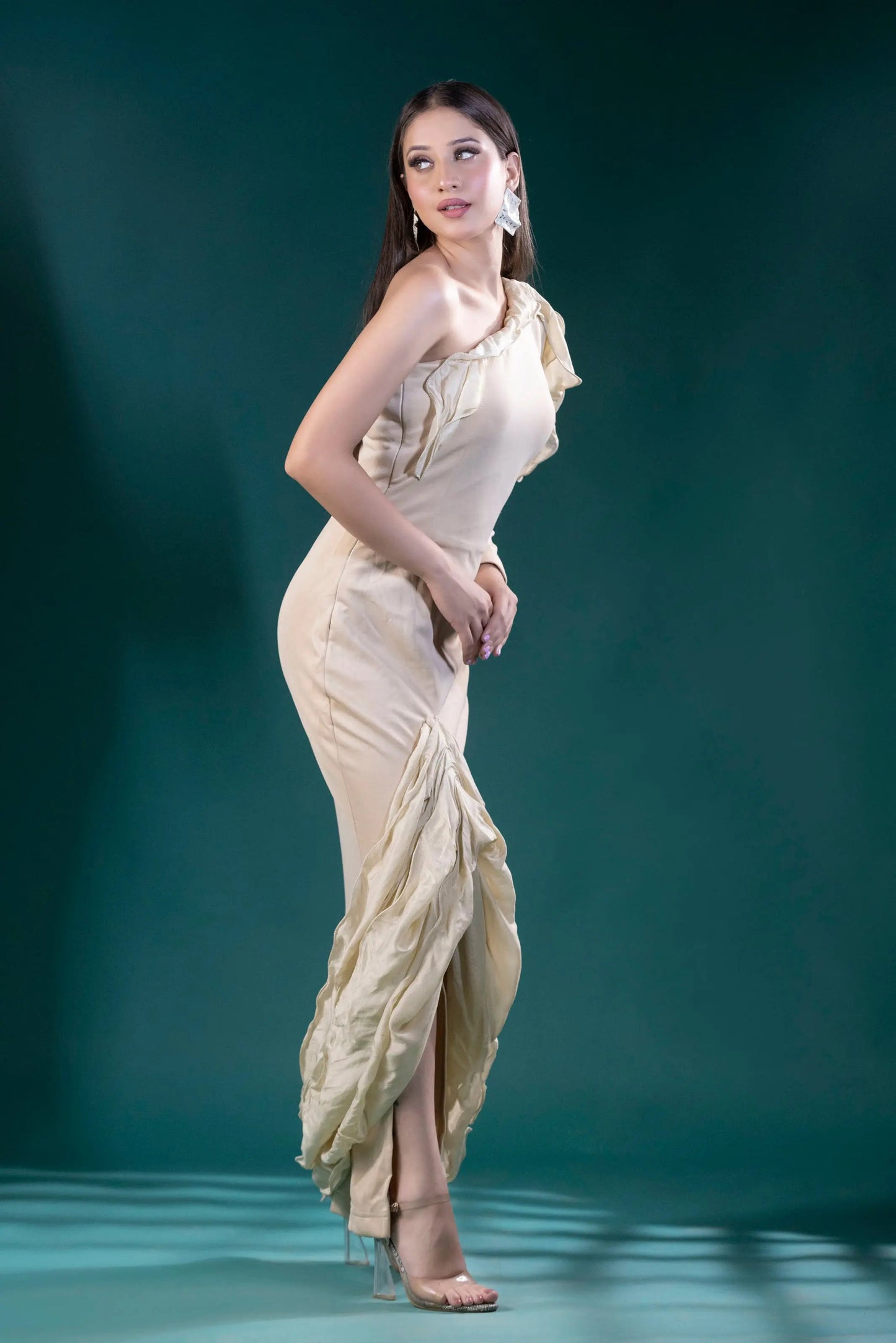 Chic Beige Long One shoulder frill dress, Smart Elegance for Any Occasion