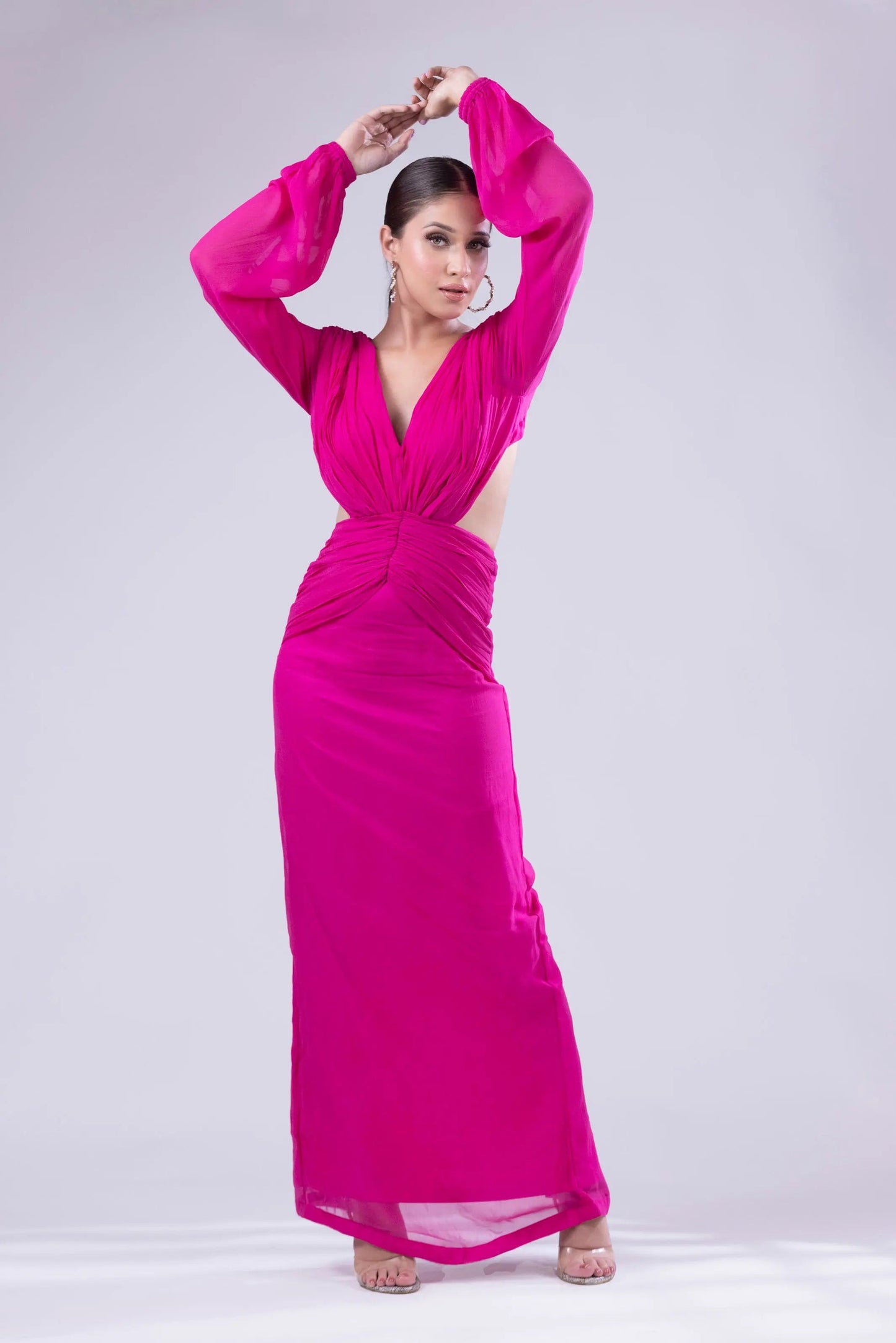 Fuchsia Elegance: Long Fitted Dress in Chiffon and Lycra