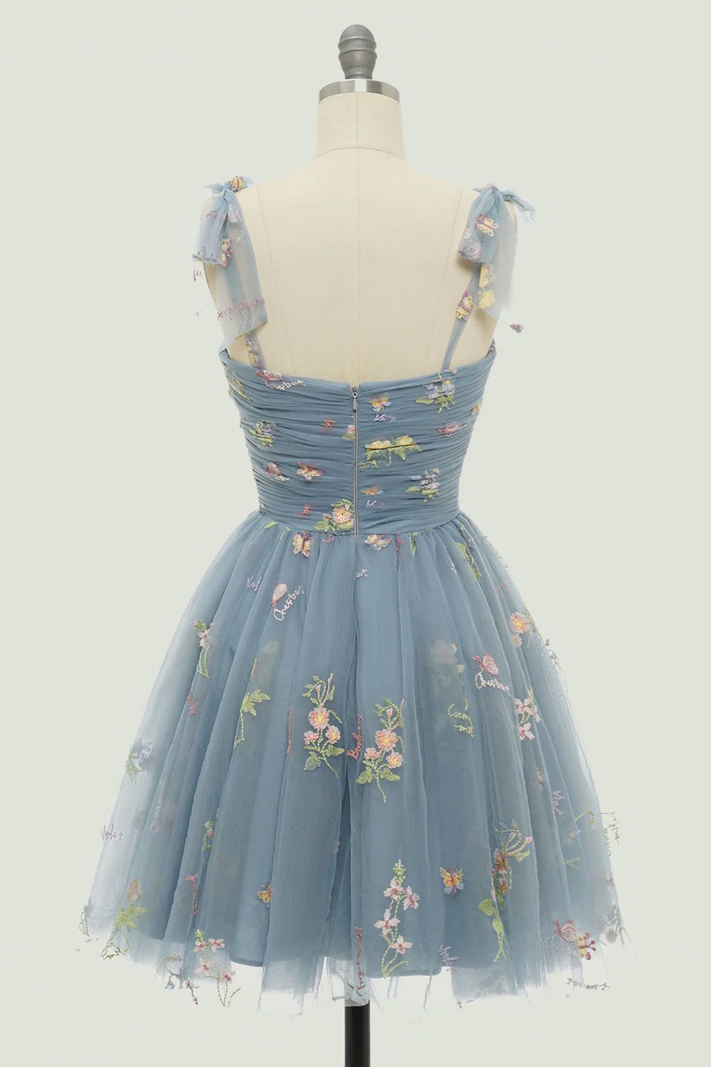 Dusty Blue Floral Embroidery Short Homecoming Dress
