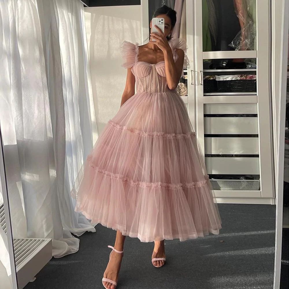 Dusty Rose Teried Tulle Tea Length Prom Dress