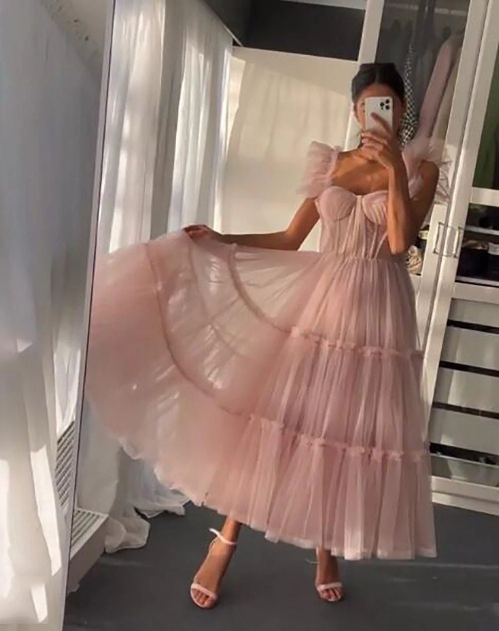 Dusty Rose Teried Tulle Tea Length Prom Dress