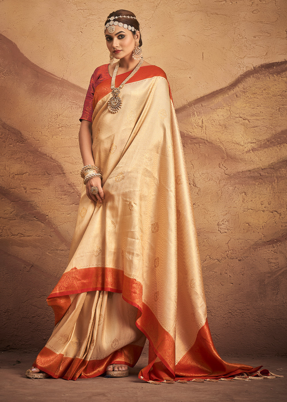 Ivory White Zari Woven Silk Saree