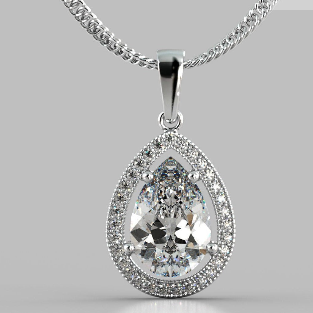 2.50 CTW Pear Cut Halo Created Moissanite Pendant in .925 Sterling Silver