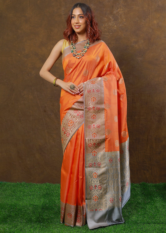 Coral Orange Hand Woven Pure Katan Silk Saree
