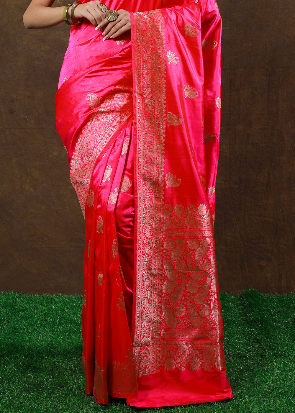 Fiery Rose Pink Hand Woven Pure Katan Silk Saree