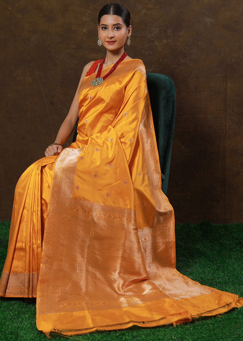 Golden Yellow Hand Woven Pure Katan Silk Saree