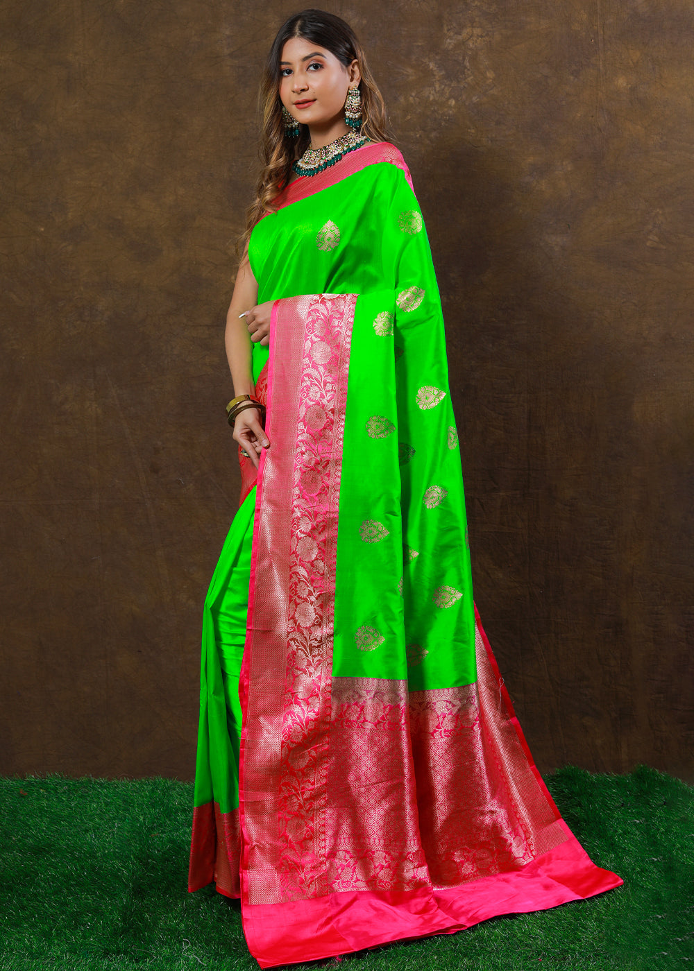 Neon Green Hand Woven Pure Katan Silk Saree