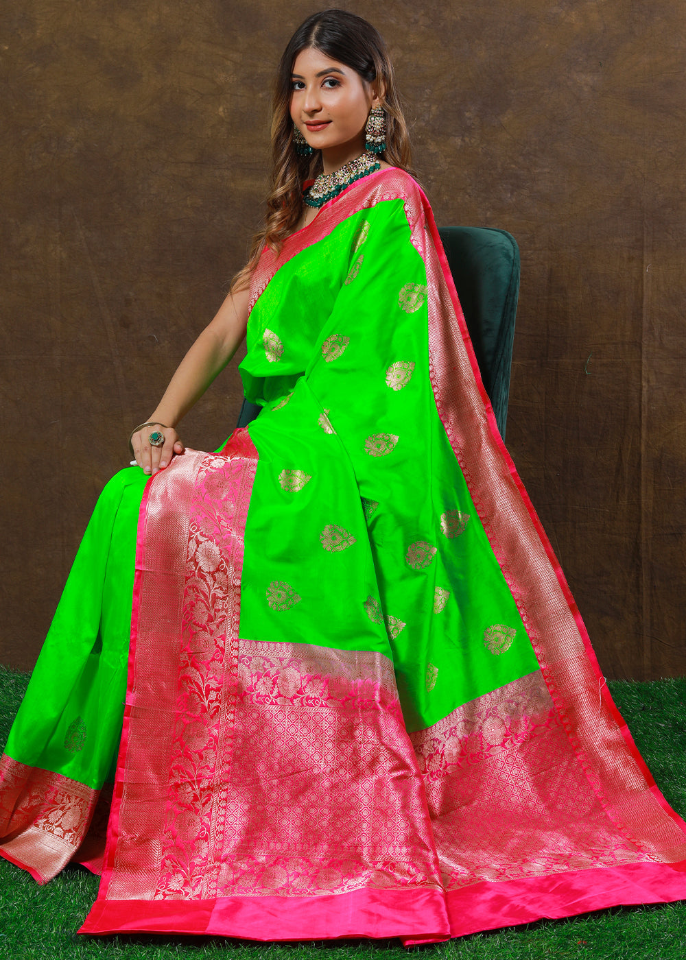 Neon Green Hand Woven Pure Katan Silk Saree