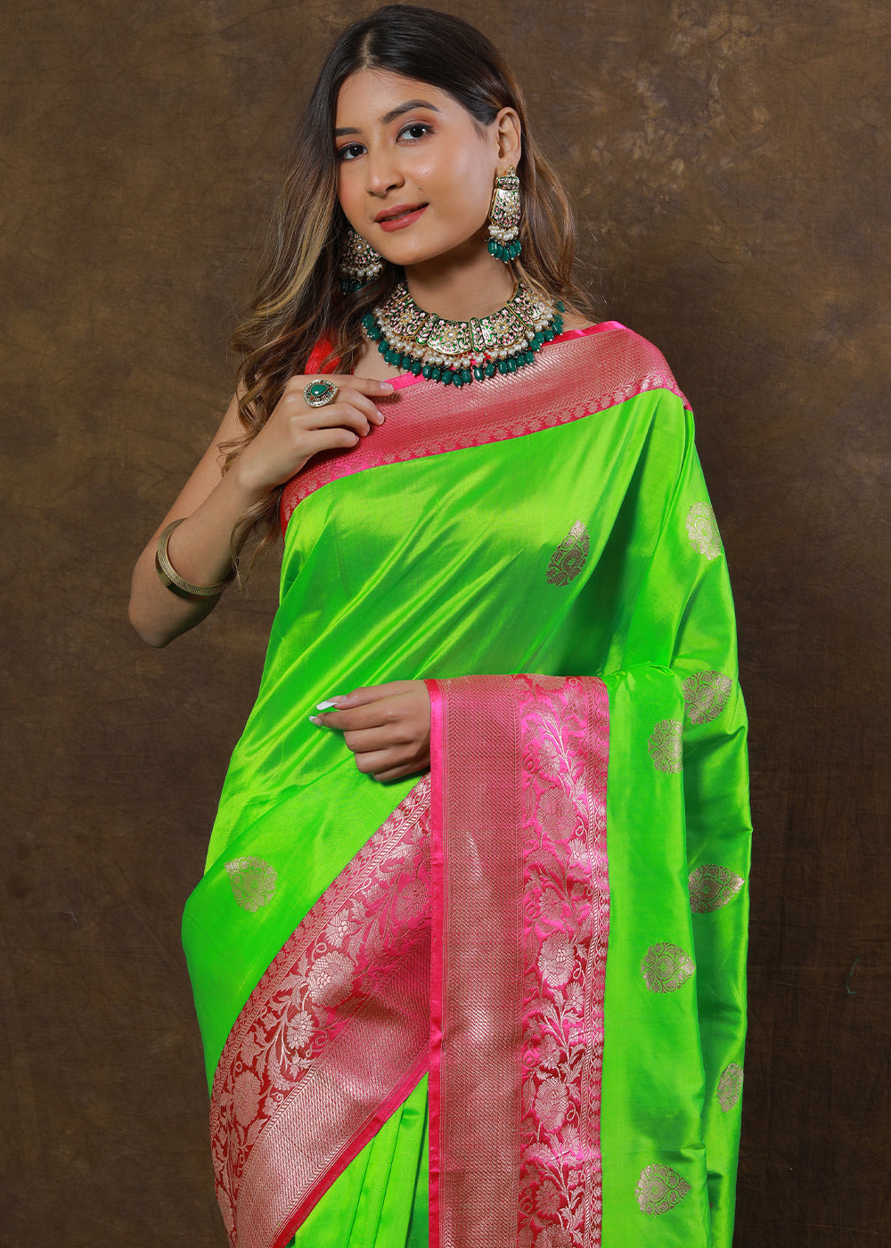 Neon Green Hand Woven Pure Katan Silk Saree