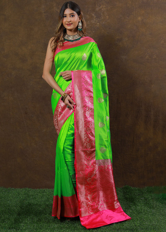 Neon Green Hand Woven Pure Katan Silk Saree