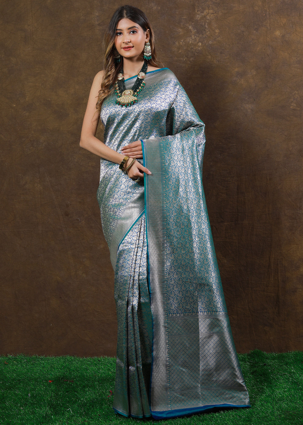 Blueish Green Hand Woven Pure Katan Silk Saree