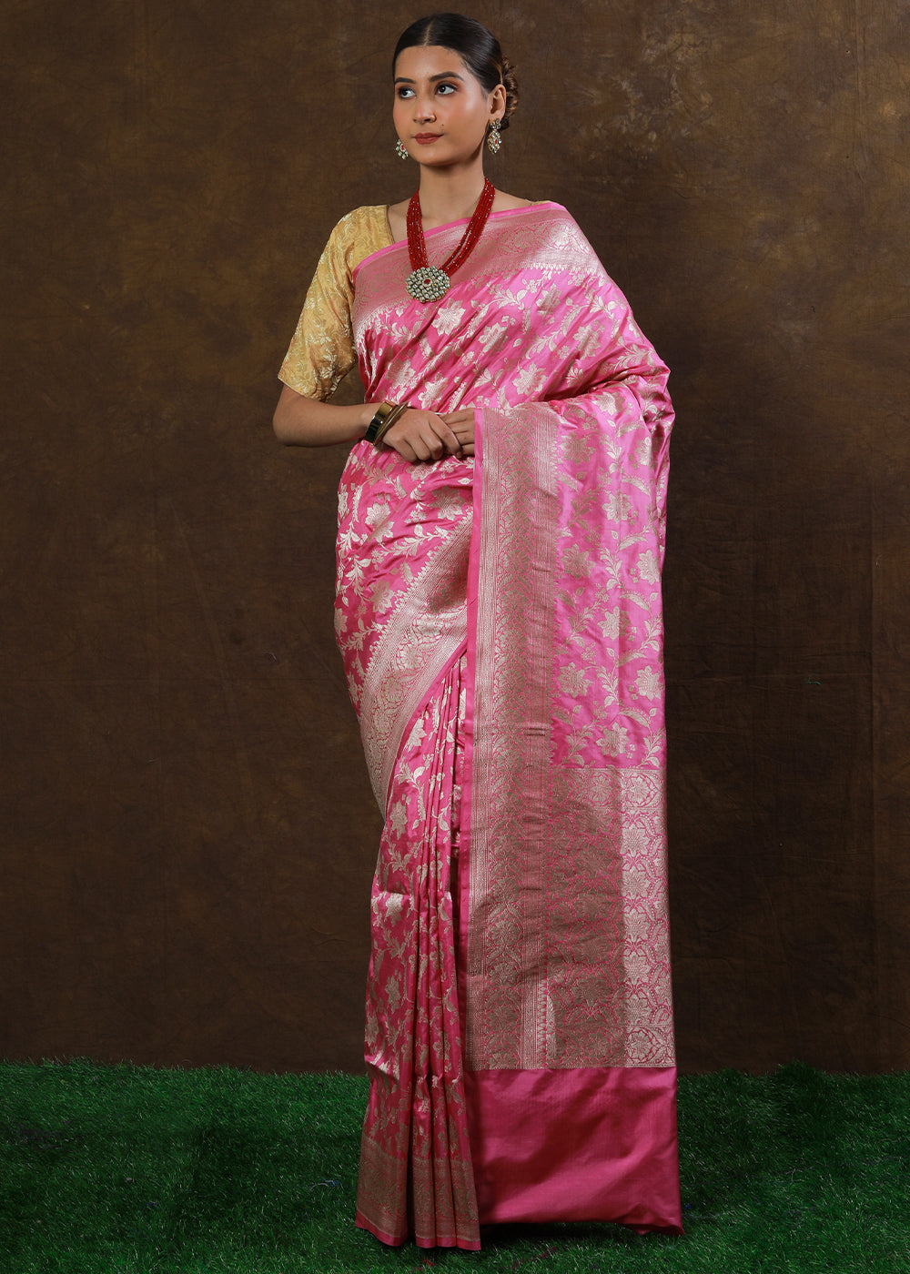 Carnation Pink Hand Woven Pure Katan Silk Saree