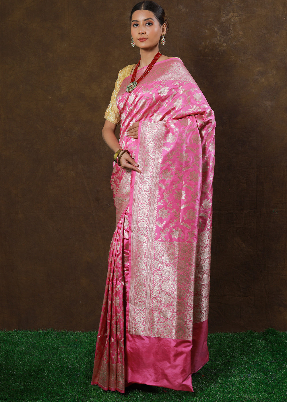 Carnation Pink Hand Woven Pure Katan Silk Saree