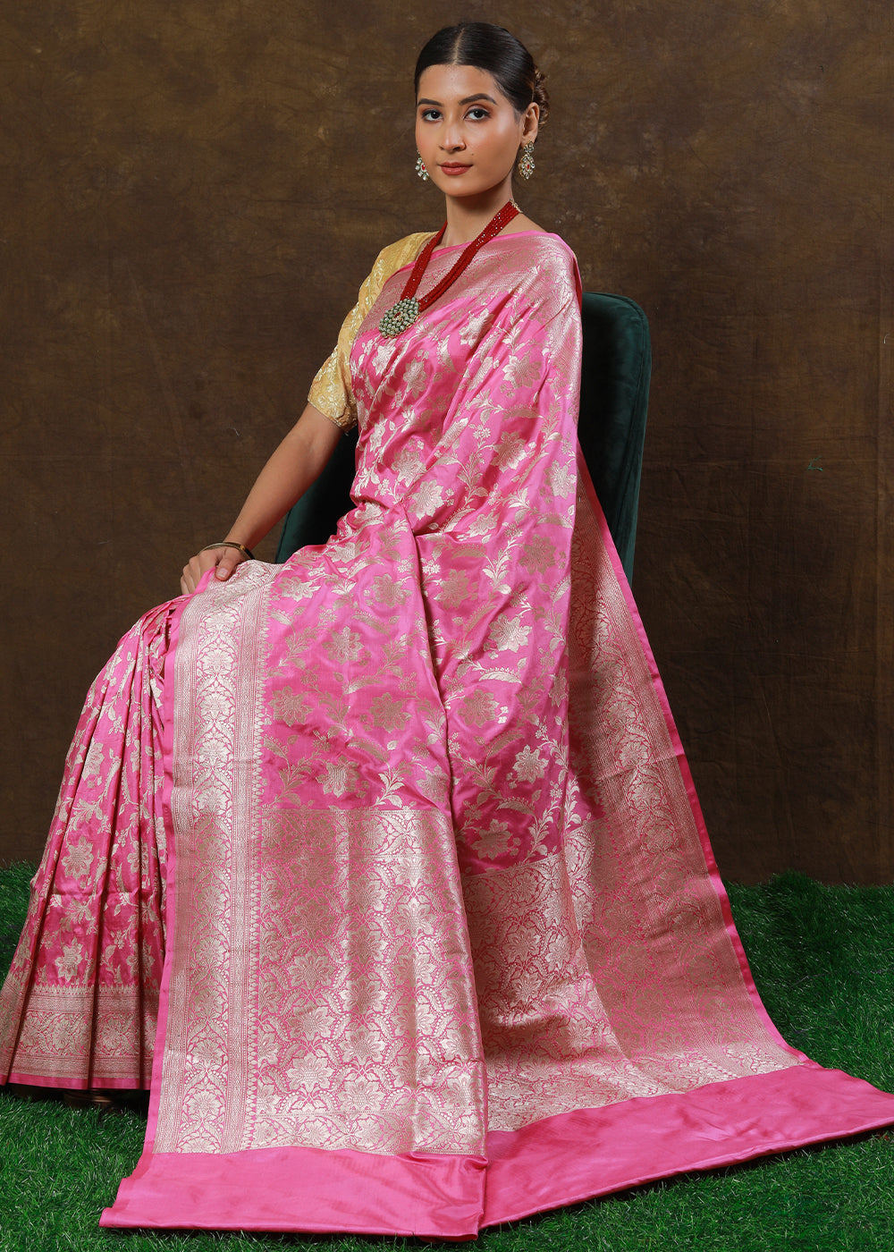 Carnation Pink Hand Woven Pure Katan Silk Saree