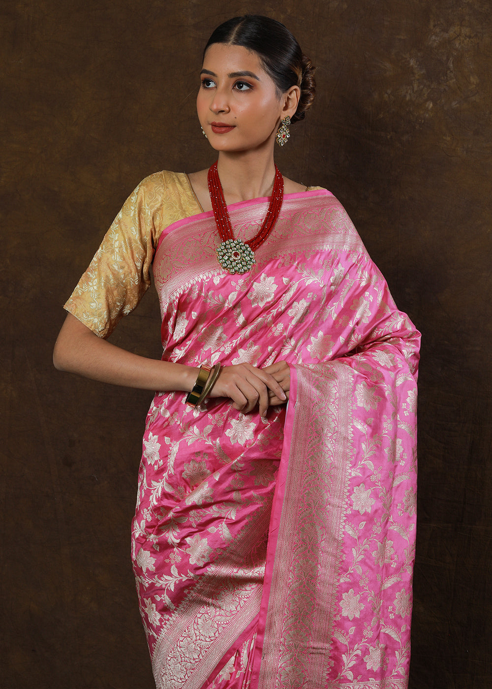 Carnation Pink Hand Woven Pure Katan Silk Saree