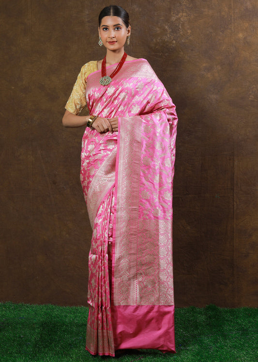 Carnation Pink Hand Woven Pure Katan Silk Saree