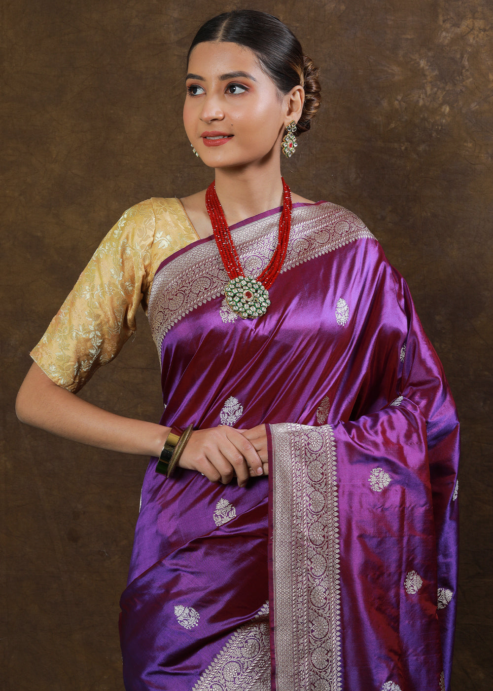 French Purple Hand Woven Pure Katan Silk Saree