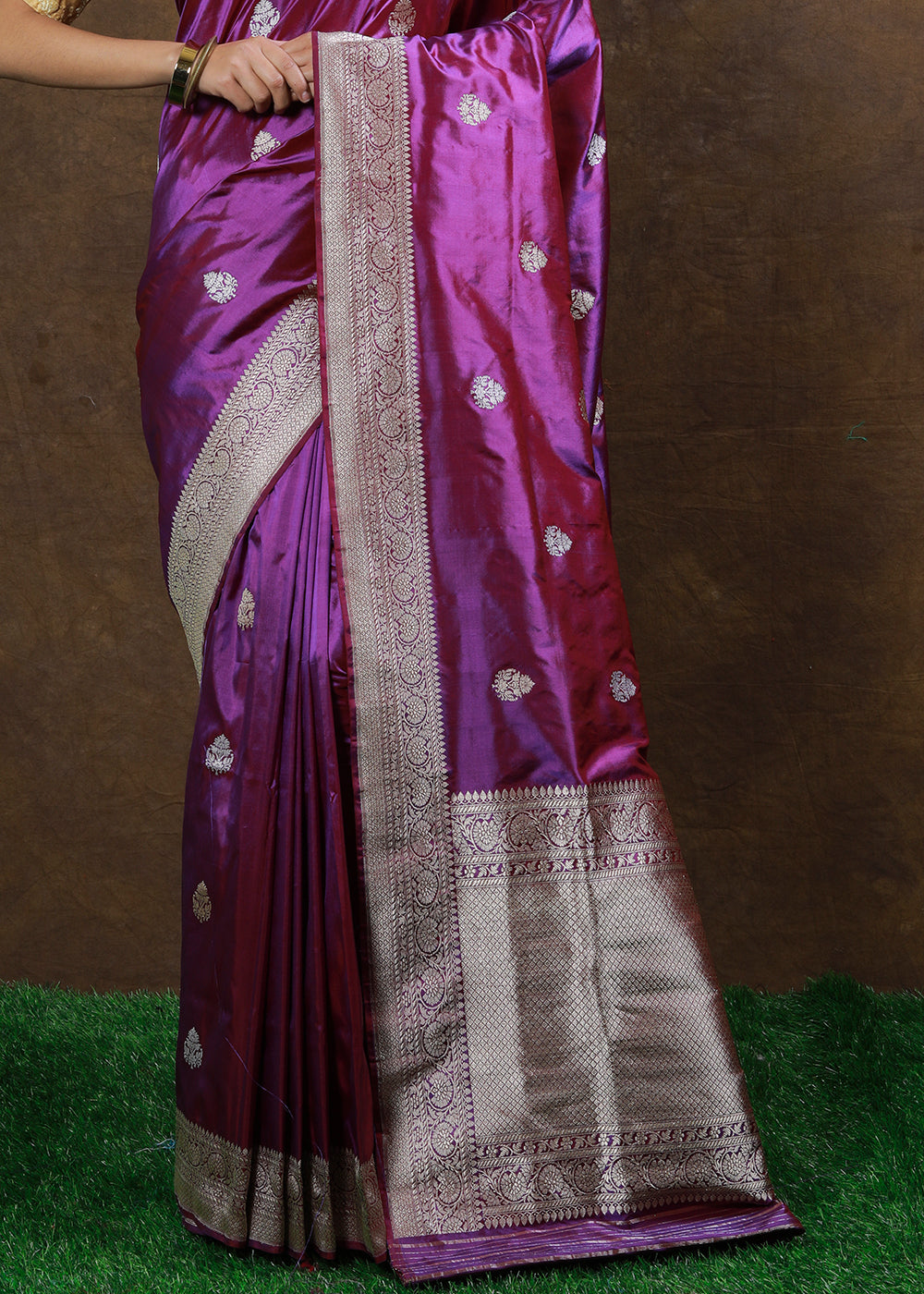 French Purple Hand Woven Pure Katan Silk Saree