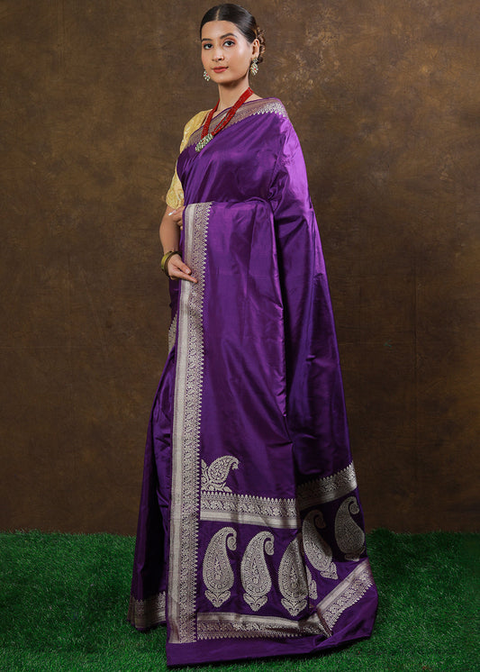 Indigo Purple Hand Woven Pure Katan Silk Saree