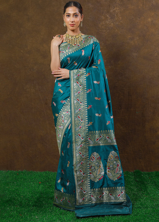 Aegean Blue Hand Woven Pure Katan Silk Saree