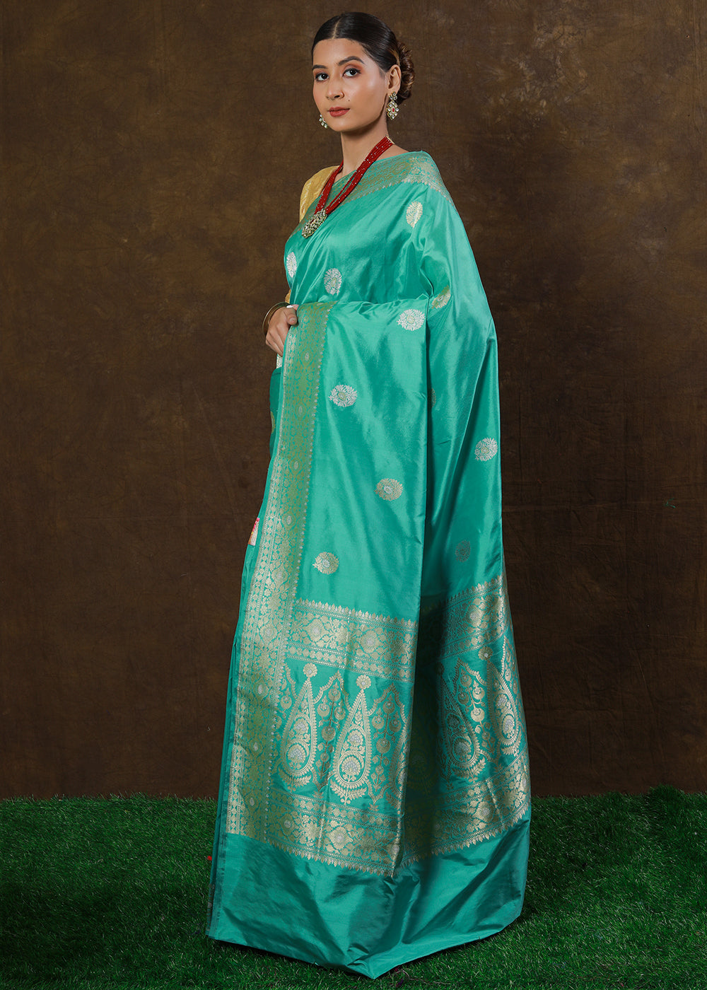 Turquoise Blue Hand Woven Pure Katan Silk Saree