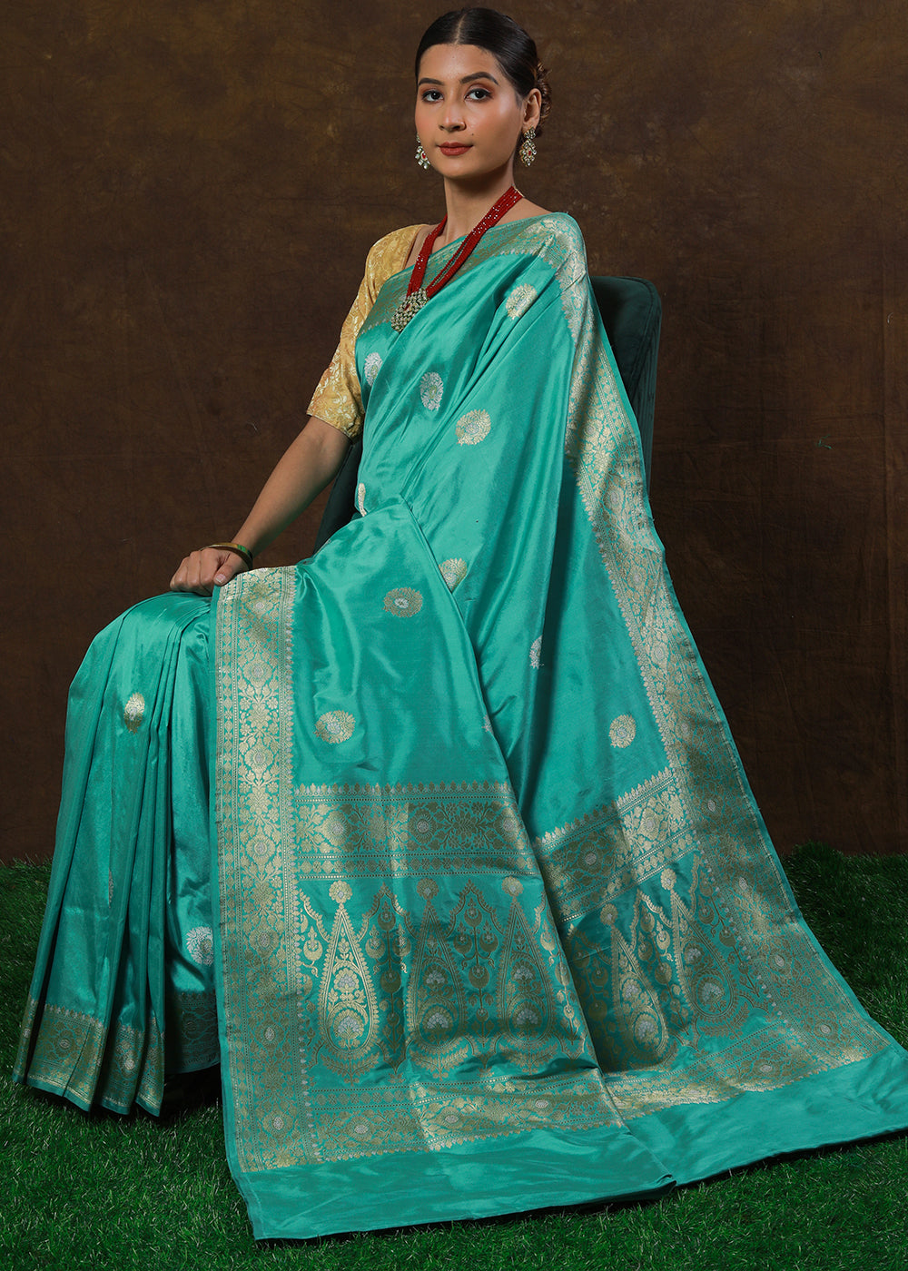 Turquoise Blue Hand Woven Pure Katan Silk Saree