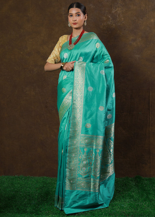 Turquoise Blue Hand Woven Pure Katan Silk Saree