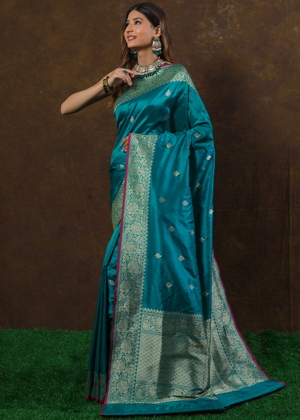 Cyan Blue Hand Woven Pure Katan Silk Saree