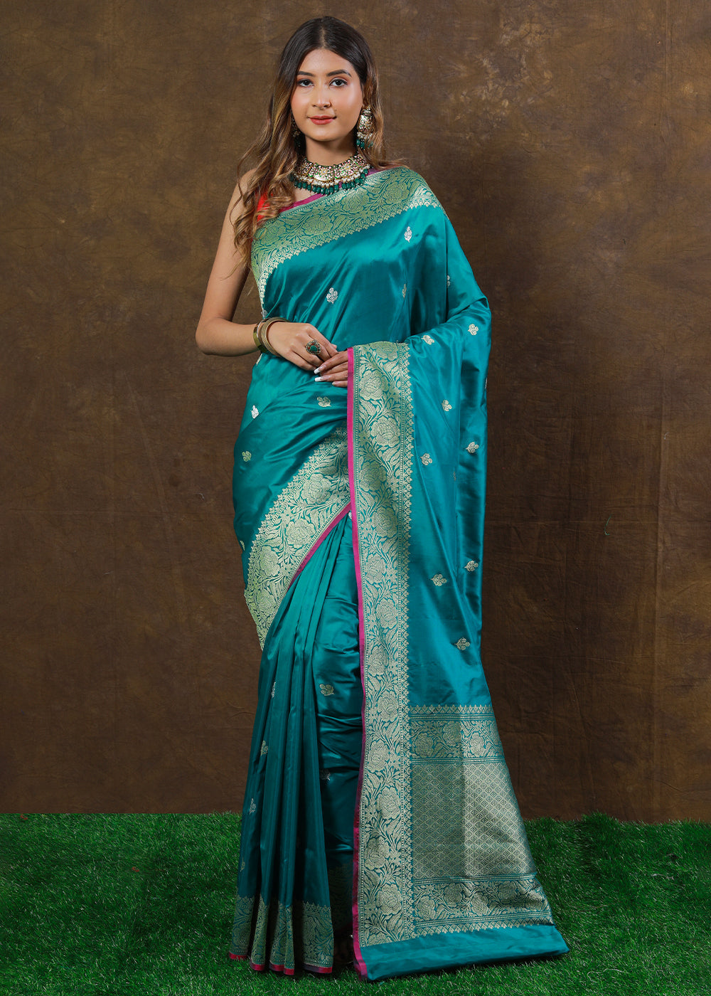 Cyan Blue Hand Woven Pure Katan Silk Saree