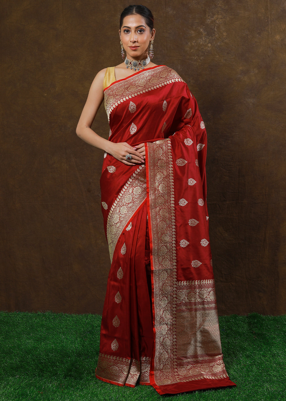 Ruby Red Hand Woven Pure Katan Silk Saree