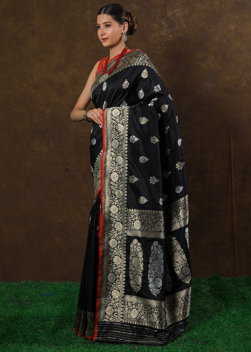 Midnight Black Hand Woven Pure Katan Silk Saree