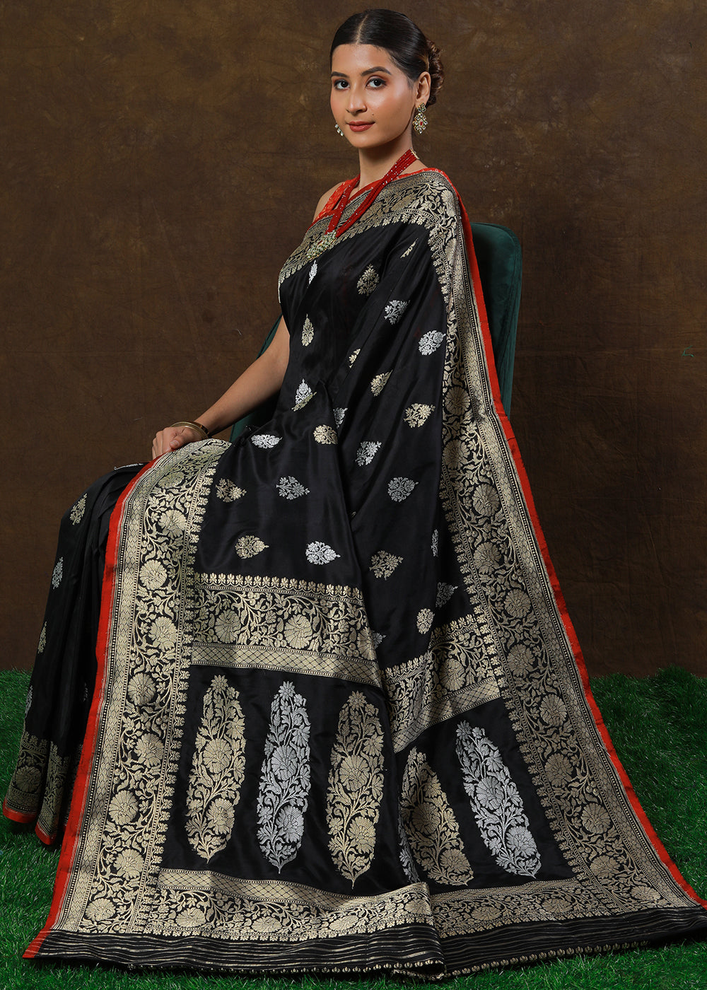 Midnight Black Hand Woven Pure Katan Silk Saree