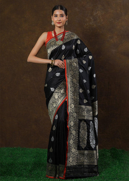Midnight Black Hand Woven Pure Katan Silk Saree