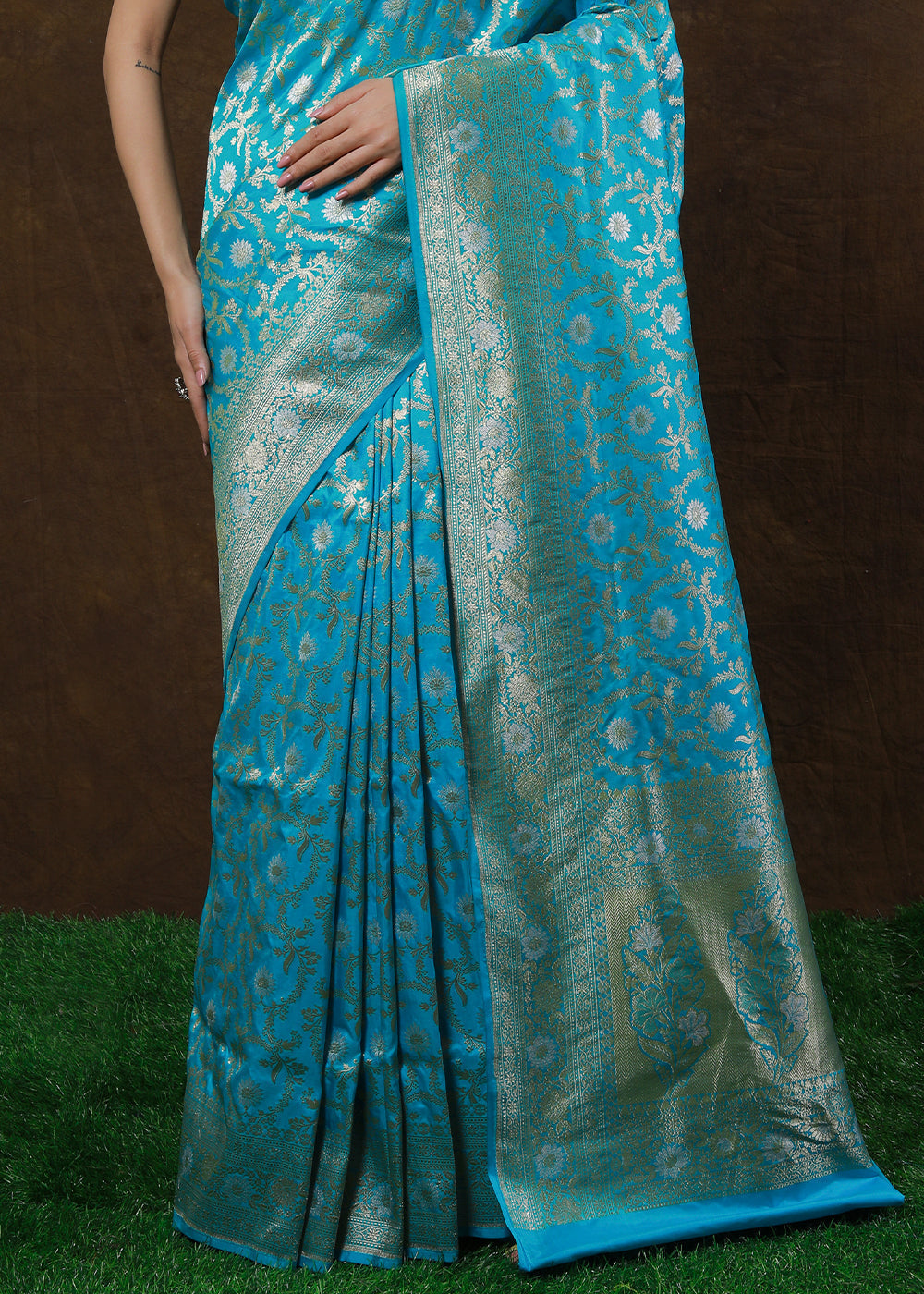 Cerulean Blue Hand Woven Pure Katan Silk Saree