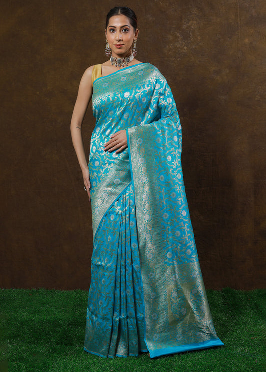 Cerulean Blue Hand Woven Pure Katan Silk Saree